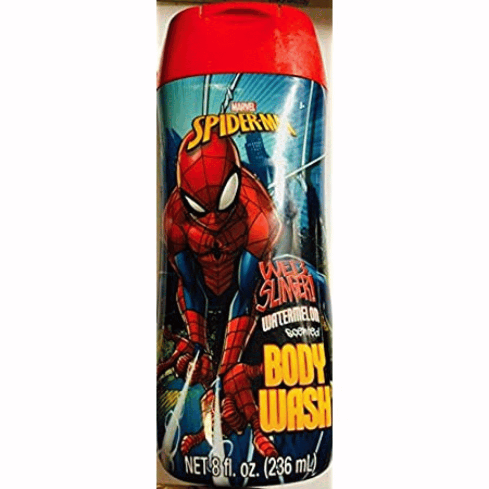 bottle of kid's body wash with spiderman pictured 