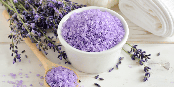 lavender body salts and lavender flowers