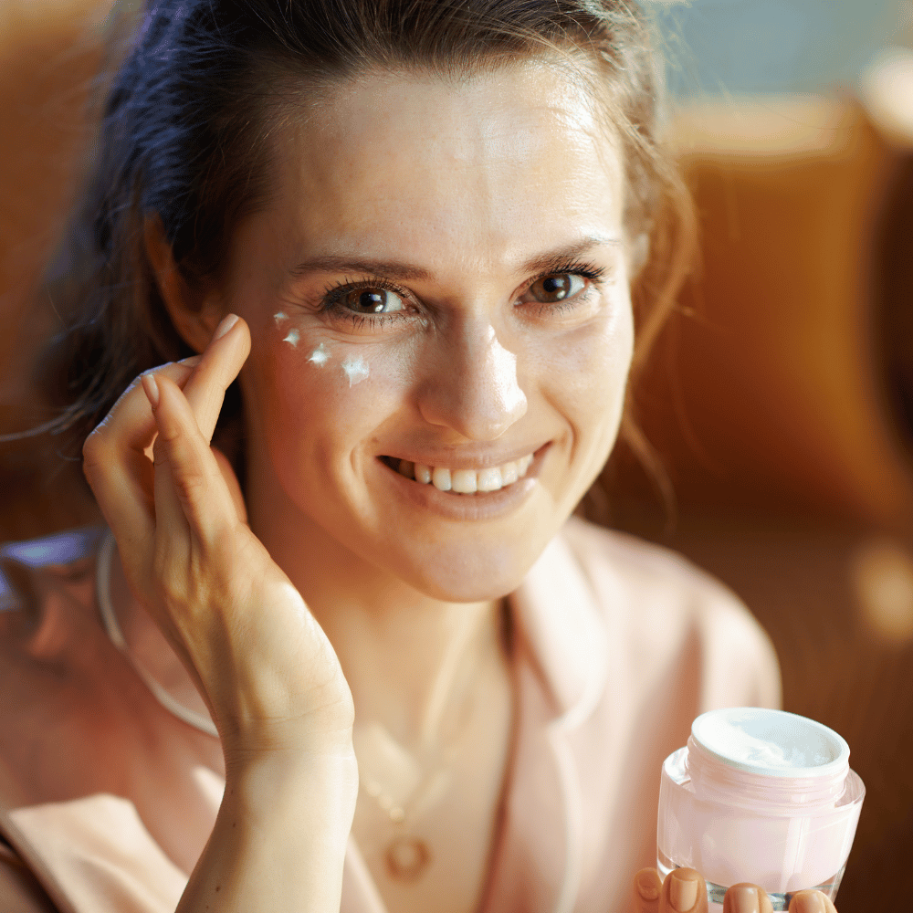 woman properly applying eye cream with her ring finger